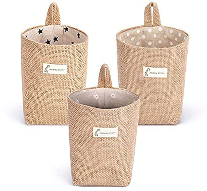 Fayemint 3 Piezas Cesta con Asa, Bolsa de Almacenamiento de Lino de Algodón, Cesta de Almacenamiento de Algodón y Lino, Desmontable, Plegable, Lavable, para La Pared, Puerta, Baño, Maquillaje, Llaves