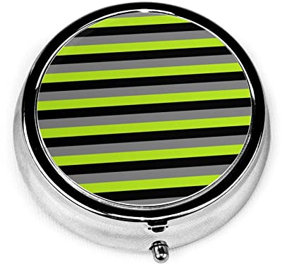 Pill Box Black Charcoal Grey and Lime Green Stripes Pill Case for Purse Cute Small Travel Round Pill Organizer