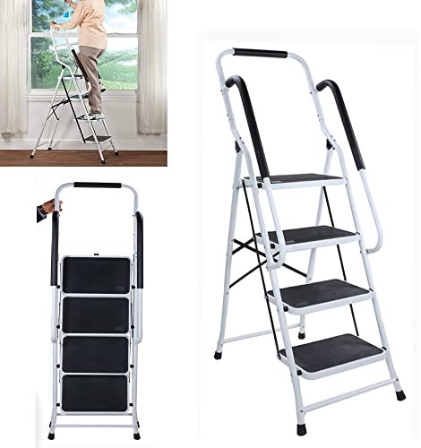 Trittleiter 4 Stufen Klappbar mit handlauf und Rutschfester Stufen, Klapptritt Klappleiter Klapptreppe Stehleiter Haushaltsleiter Leiter Leiter, belastbar bis 150 kg