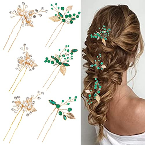 WEBEEDY 6 Stück Braut Haarnadel Hochzeit Grün Kristallperlen Perlen Braut Hochzeit Haarnadeln Blatt-Kopfschmuck Braut Haarschmuck Hair Clips für Bräute Brautjungfern Mädchen