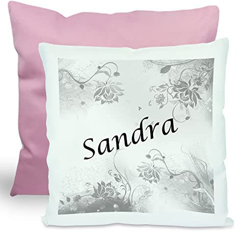 CreaDesign, Kinder Kissen 40x40 cm personalisiert mit Namen, Kinderzimmer Deko Kissen Kinder mit Füllung Federn, Motiv Blumen grau, Rückenfarbe Rosa
