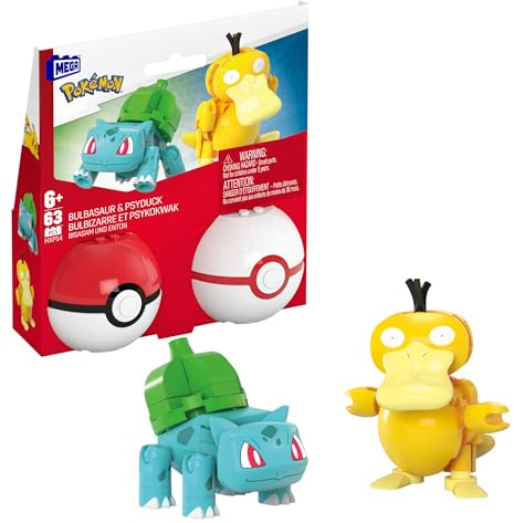 Mega Pokémon Conjunto de construcción con Figuras de acción, Pack de 2 Poké Ball, Bulbasaur y Psyduck, 63 Piezas, para niños y niñas + - para niños y niñas + 6 años, HXP14