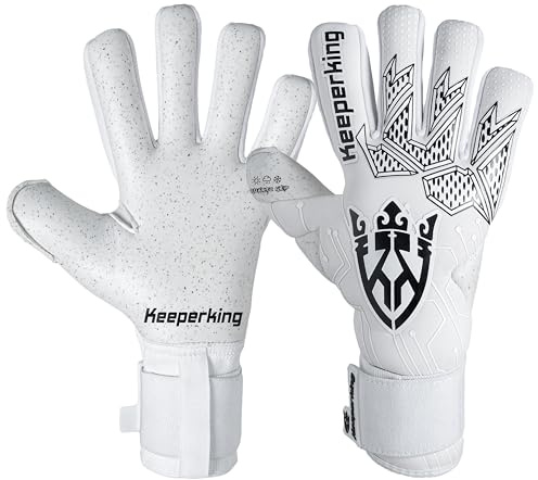 Keeperking Målvaktshandskar för vuxna, fotbollshandskar för män, innersöm, proffsgrepp, 4 mm, fast passform, unisex, Jonior (10, Q-White-Neg)
