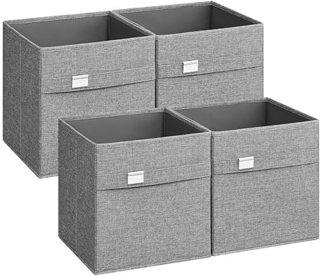 SONGMICS Aufbewahrungsbox, 4er Set, Ordnungsboxen, 30 x 30 x 30 cm, 2 Griffe, faltbar, Oxford-Gewebe, Leinenimitat, pflegeleicht, Metall-Etikettenhalter, für Würfelregal, taubengrau ROB230G04