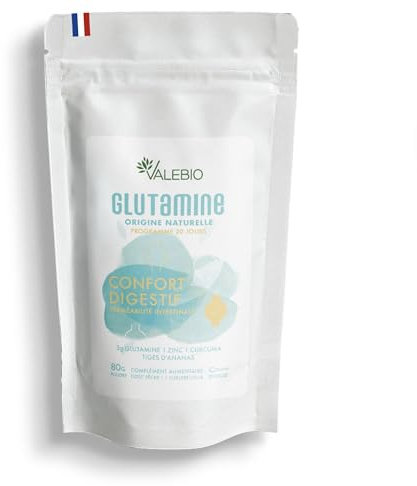 L Glutamine | 3 000mg/dose | Récupération musculaire et santé intestinale | Anti inflammatoire (curcuma & zinc) | Goût pêche, vegan et made in France | 100 g poudre | Valebio