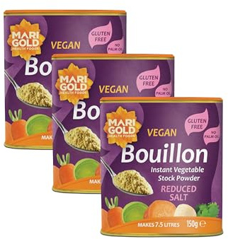 Marigold Reduced Salt Vegetable Bouillon Powder, 150g (Pack of 3) – Instant Vegan Stock Powder, 37% Less Salt, Natural Ingredients, Gluten-Free – Perfect for Soups, Stews & Sauces.