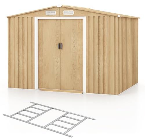 COSTWAY Caseta Jardin Exterior, 4.71 ㎡, 259x182x184 cm, Cobertizo Jardin Exterior Metálico, Base de Fundación,4 Ventilaciones, Puertas correderas, Techo a Dos Aguas Inclinado, Garden Shed, Natural
