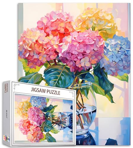 Tucocoo Puzzle hortensia dans un vase en verre pour adultes de 1 000 pièces, puzzle artistique de fleurs en fleurs, 68,6 x 50,8 cm, puzzles colorés à faire soi-même pour la décoration de la maison,