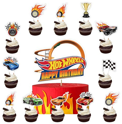 25pcs Racing Car Cake Toppers, Hot Wheels Cake Decoration, Racing Car Cup Cake Toppers for Birthday Party Decoration Supplies