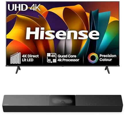 Hisense TV & Soundbar Bundle: 43A6NTUK TV with 4K Direct Lit, Quad Core 4K Processor Plus the HS2000 Soundbar with 240W Power,visulized built-in subwoofer- Perfect Match for Visual-Audio Experience