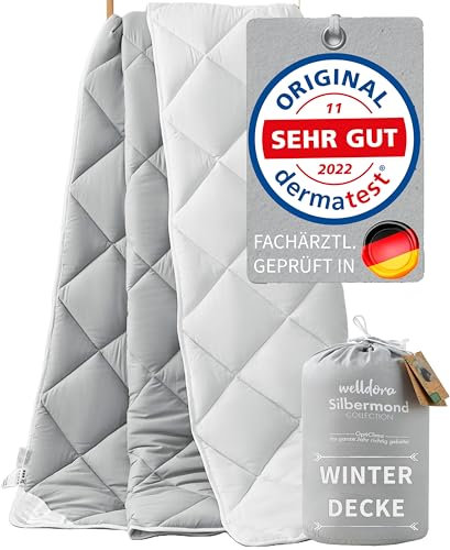 Welldora OPTICLIMA Allergiker Bettdecke 200x200 Winter | Fachärztlich geprüft | Made in Green Oeko-Tex zert. in Deutschland | Ultra warme Winterdecke | Wendedecke Silbergrau-Weiß | Premium Steppdecke