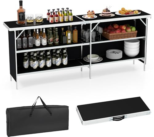 COSTWAY 110cm/206cm Folding Camping Table, Aluminum Portable Picnic Table with 2-Tier Open Shelves, MDF Tabletop and Carrying Bag, Camping Cupboard for Outdoor Hiking BBQ (Black, 206 x 38 x 83cm)