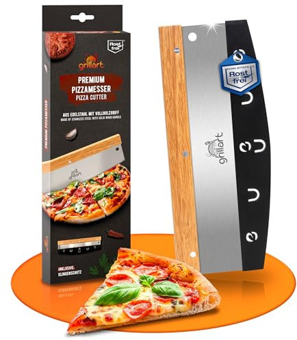 grillart® Premium Pizzamesser – Extra scharfer Edelstahl Pizzaschneider mit 32 cm Klinge und Holzgriff für müheloses und präzises Schneiden – hochwertiges Wiegemesser – effizienter als Pizzaroller