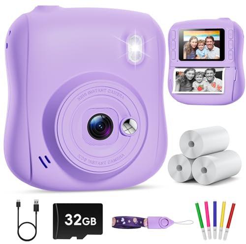Hangrui Kids Camera Instant Print, HD Instant Camera for Kids with 32GB Card & Print Paper, 14MP 1080P Kids' Digital Cameras, Christmas Birthday Gifts Toy for Girls & Boys Aged 3-10 -Purple