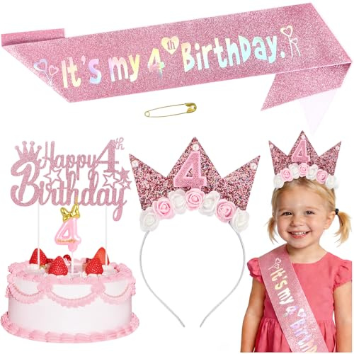 Birthday Party Decorations Set for Girls, Pink Birthday Headband Set with Glitter Sash, Cake Topper and Candle, Flower Crown for Princess Party Decorations Happy Birthdays Accessory (4TH)