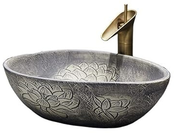 YHxFlux Lavandino Bagno Lavandino da appoggio in Porcellana da 51 * 38 * 15 cm, lavabo da appoggio in Ceramica con Rubinetto e Set di Scarico Lavabo da Appoggio