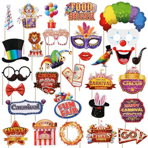 30Pcs Circus Photo Booth Props with Stickers, Funny Circus Theme Party Decorations Carnival Birthday Party Decorations Include Clown Hair Beard Glasses Accessories