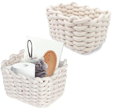 Geflochtene Baumwolle Strickkorb,2 Stück Aufbewahrungskorb Geflochten,19x15x12cm Kleiner Korb Geflochten Baumwolle Für Schreibtische, Frisiertische und Badezimmer(Weiß)