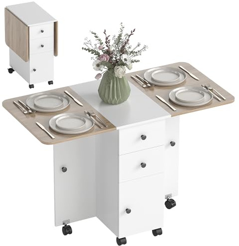 HOMCOM Mesa Plegable de Comedor con Ruedas para 6 Personas Blanco y Natural