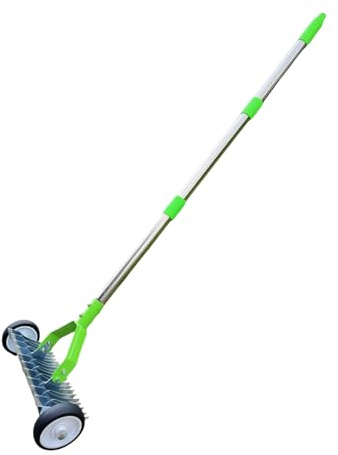 Dmuzsoih Râteau Démousseur,Robuste en Métal avec Roues et Manche Long | Outil Râteau De Jardin avec Roues pour Aménagement Paysager - pour L'Extérieur Le Jardin La Cour Les Feuilles Le Gazon La