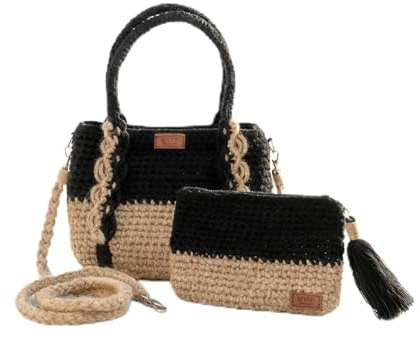 Goffa väskor set – handgjord handväska och påse tillverkad av naturliga växtfibrer + ekotillbehör, Svart och brun, Goffa Macramé Black