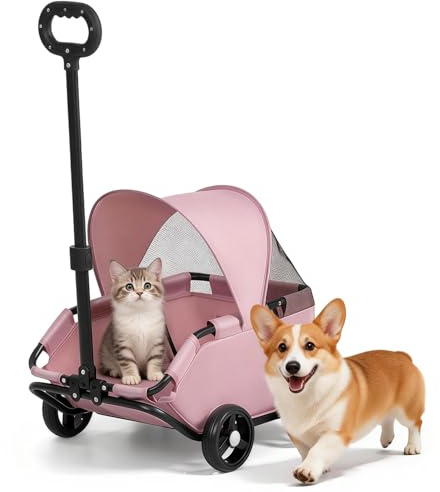 Chariot pour chien pliable à 4 roues avec barre pivotante à 360 ° | Chariot pour chat avec visière - Mini poussette pour animaux de compagnie - Tissu Oxford 600D (rose)