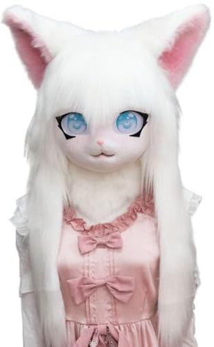 Grtheenumb Testa di Fursuit, Testa pelosa, Maschera pelosa completa con occhi grandi, orecchie e capelli lunghi bianchi, Costume maschera di Fursuit per animali per Halloween in Cosplay Puntelli