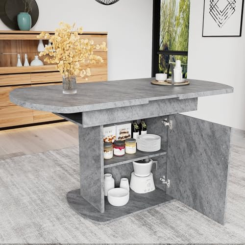 LORISMAI Ausziehbarer ovaler Esstisch,L110/130*W70*H75cm,mit Stauraum,Kaffee-Freizeittisch,moderner minimalistischer,platzsparender multifunktionaler Esstisch,Betonoptik+silberner Griff