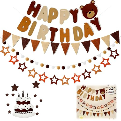 Decorazioni Compleanno Orsetto Marrone con Festone Buon Compleanno, Bandierine in Tessuto, Pon Pon e Adesivi Torta per Feste