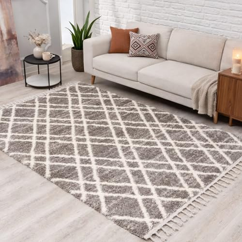 carpet city Hochflor Teppich Shaggy Grau/Taupe 200x290 cm - Gitter-Muster, Fransen & Kettfäden - flauschig weich, kuschliger Schlafzimmer- & Wohnzimmerteppich