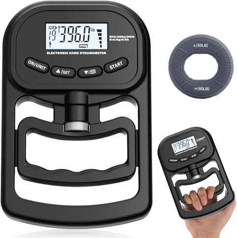 Misuratore di forza manuale digitale, 180 kg, dinometro elettronico a mano, ricaricabile, con display LCD, impugnatura regolabile, tester di forza di presa con anelli in silicone da 22,7-27,2 kg