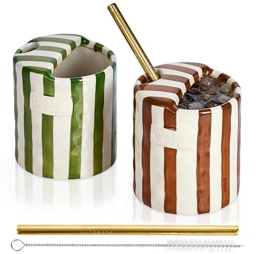 keramwerk 2 Pack Ceramic Coffee Mug with Sip Hole Espresso Shot Cup 10oz with Straws Retro Hand Painted Striped Porcelain Coffee Tea Cup Cappuccino Latte Mug for Kitchen Dining Travel (Green,Brown)