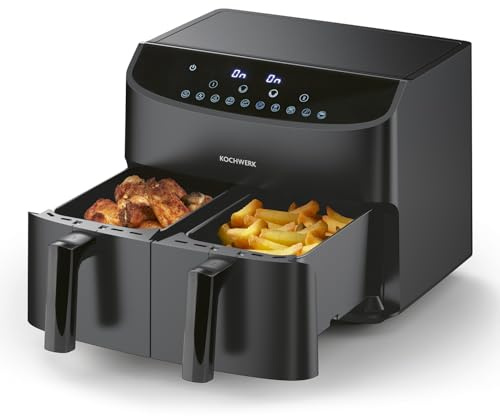 Rachs KOCHWERK Doppelkammer Heißluftfritteuse 7 L | Airfryer mit 2 Kammern jeweils 3,5 L | Heissluftfritteuse mit Touchscreen, 10 Programmen, Smart-Cook- & Timer-Funktion | 2400W [Schwarz]