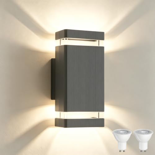 YOVGQOLV Außenlampe Wand Up Down Modern Wandlampe Aussen,Anthrazit | Wandleuchte Aussen mit 2×5W 3000K Warmweiß GU10 Glühbirne, IP54 Wasserdichte 230V Aluminium Außenwandleuchte Hauswand, Grau