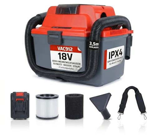 STAHLMANN VAC912 - Aspirador inalámbrico en seco y húmedo (18 V, incluye batería, filtro HEPA, manguera de 3,5 m, 16 litros, compatible con baterías LXT Makita de 18 V)