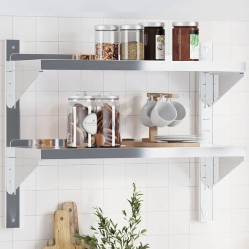 Kaloriko Scaffale da parete con 2 ripiani in acciaio inox argentato, 75 x 23,5 x 60 cm, salvaspazio e robusto, con accessori di montaggio, versatile come scaffale sospeso, mensola da parete, mensola