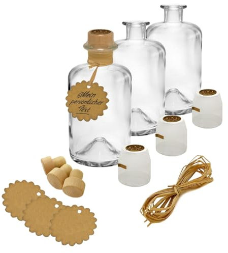 Geniess-Bar! 5x Apothekerflasche 200ml leer Geschenk Komplettset Apotheker Glas Flasche mit Anhänger Kapsel Siegel gold Korken Bast zum selbst befüllen Apothekerflaschen