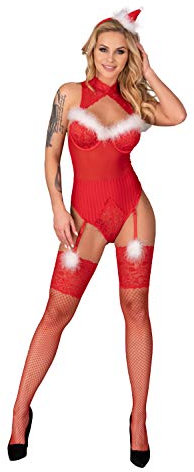 Selente Love & Fun luxuriöses mehrteiliges Damen Dessous-Set in raffiniertem Weihnachts-Design, mit Satin-Augenbinde Made in EU, Body-Strümpfe-Haarreif, Gr. L/XL
