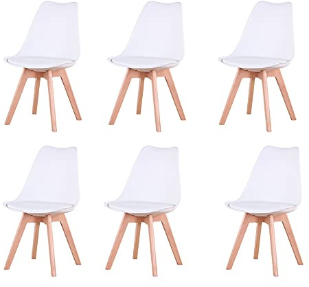 GrandCA HOME Set di 6 Sedie Imbottite per Sala da Pranzo Con Gambe in Legno Massello di Faggio, Adatte per Sala da Pranzo, Soggiorno, Cucina, Camera da Letto, Bianco