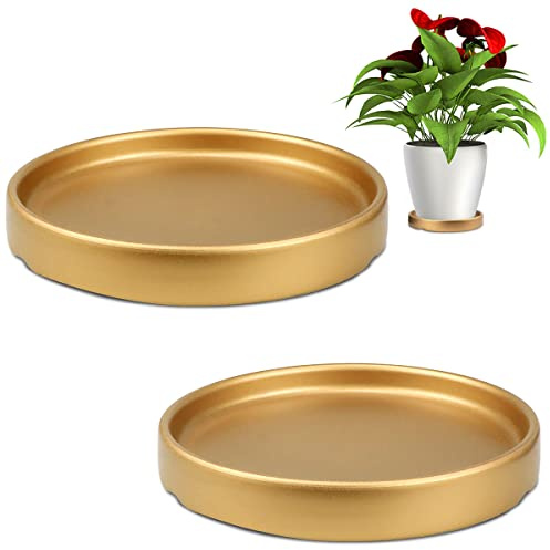LNQ LUNIQI Round 4 Inch Ceramic Plant Saucer Drip Tray Set of 2 for Indoor Small Flower Pots Home Garden Outdoor Flower Plant Pot,Gold Saucers