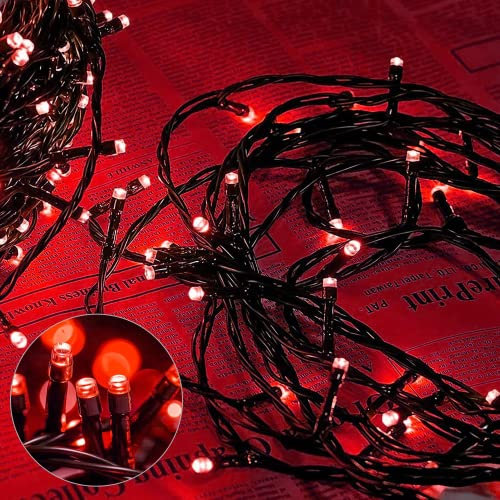 AURSTORE Basa - Guirnalda luminosa de 8 modos, 10 m, 100 LED, decoración romántica para árbol de Navidad, boda, fiesta, guirnalda interior (Fil Verde, Rojo)