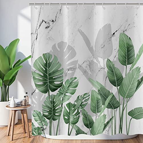 Hnmdmyi Cortina de Ducha Verde Hojas 180x200, Palmera Tropical Hojas de plátano sobre mármol Gris y Blanco Cortina de baño Planta de Selva botánica Tejido Impermeable Lavable Cortina de baño