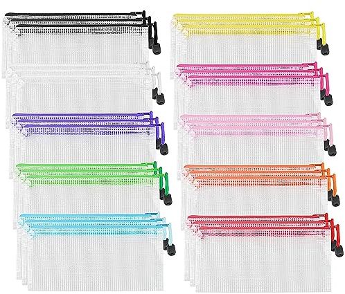 ZEONHAK 30 PCS A6 Mesh File Zip Lock Wallets, Colourful Plastic Bags Document Folder, A6 Mesh Zipper Bag, 10 Assorted Colors Zipper Storage Pouch for File Storage, Office Supplies