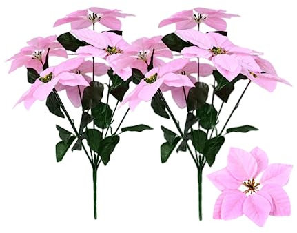 Rikyo 2 bouquet di fiori di stella di Natale artificiali, 48,3 cm, in seta, ornamenti natalizi con 7 steli, stella di Natale in velluto con foglia stelo, per feste, casa, vacanze, decorazione (rosa)