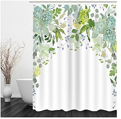 Whoiy Duschvorhang Blumenmuster, Shower Curtains Textile 165X180cm Polyester Bath Curtains Blumen und Reben Grün Weiß Grau Waschbar Wasserdicht
