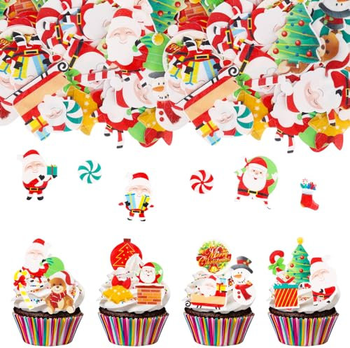 Catelves 60 Stück Weihnachten Essbare Tortendeko, Cupcake Topper, Kuchen Dekoration, Santa Claus Muffin Deko, Frohe Weihnachten