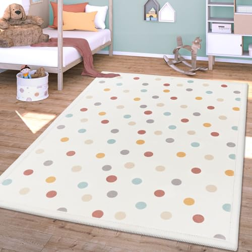 TT Home Waschbarer Teppich Krabbelmatte Babyzimmer Kinder rutschfest Flauschig Punkte, Farbe:Blau Gelb Creme, Größe:160x220 cm
