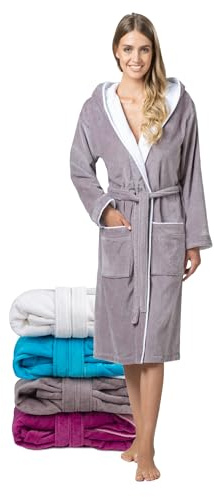 Twinzen Bademantel Damen – 100% Baumwolle, Frottee-Velours, mit Kapuze, OEKO-TEX zertifiziert, weich und komfortabel - Taupe - XS