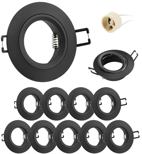 Doughelec 10er Einbaustrahler GU10 Rahmen Aluminium Schwarz, Einbaurahmen Spot Einbauspots Rund Flach 68mm Lochdurchmesser inkl GU10 Fassung für LED Halogen Einbauleuchten Decke, 60-70mm 230V Matt DN