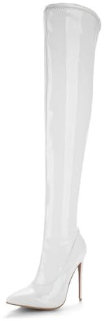 12CM/4.72IN Overknee Stiefel Jazz Tanz High Heels Stretch Stiefel Glänzende Lackleder Stiefel Sexy Oberschenkel Stiefel Spitz Zehe Stiletto Heels,Weiß,44 EU
